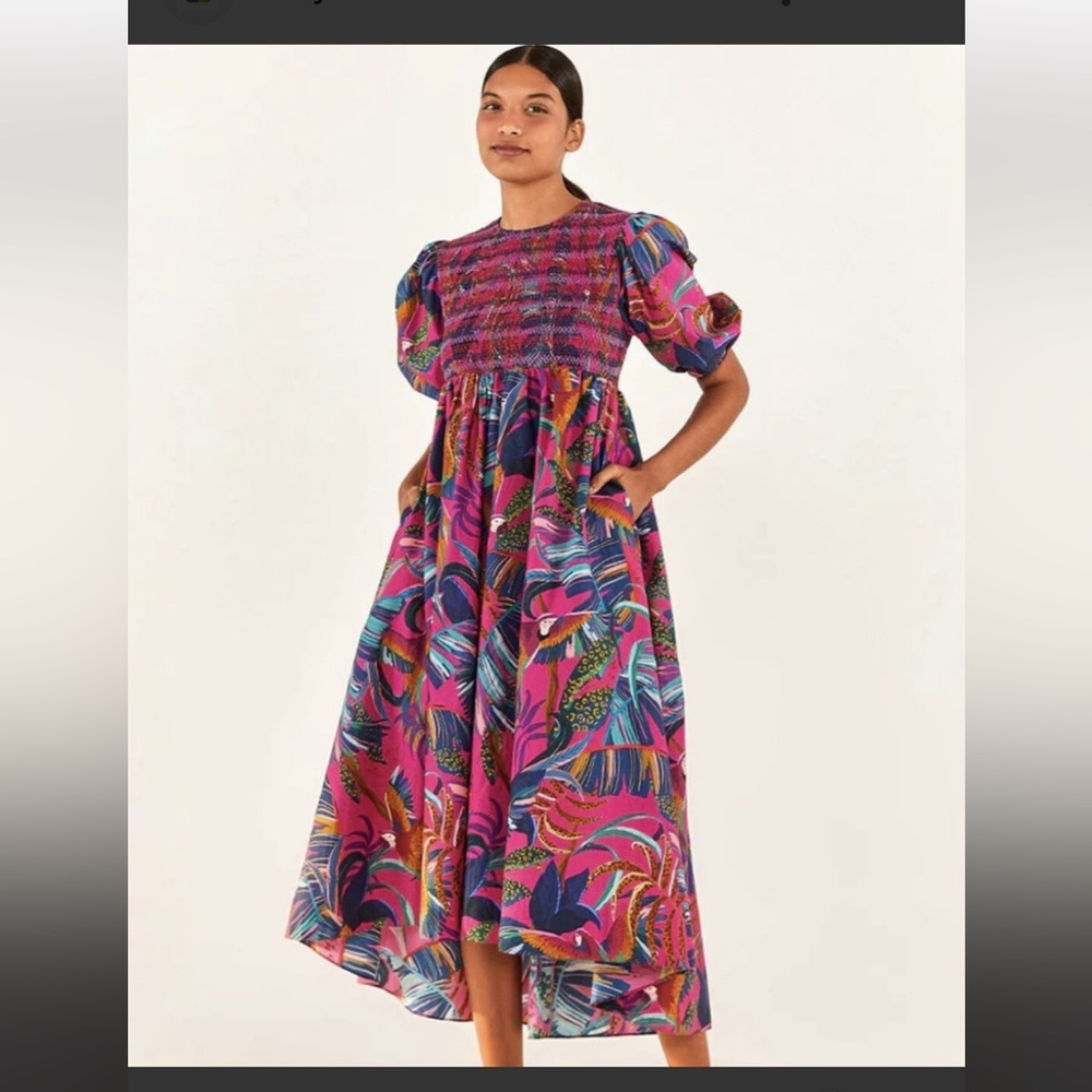 Farm rio Smocked dress. High/low hem. Purple Macaw print. Some wear.